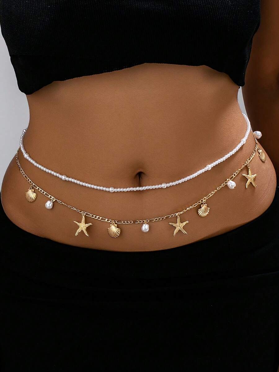2pcs Bohemian Style Ocean Series Shell & Starfish Beaded Waist Chain For Women - Yellow Gold - View 1
