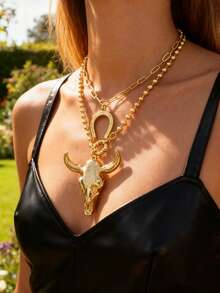 1pc Unique Western Cowboy Style Gold-Tone Beaded Horseshoe & Bull Head Alloy Pendant Necklace, Suitable For Women's Outings, Daily Wear, Parties, Western-Themed Travels And Music Festivals. 18K Gold Plated Hip-Hop Punk Versatile Jewelry, Gold Accessories, Gift For Friends And Loved Ones - Gold - View 1