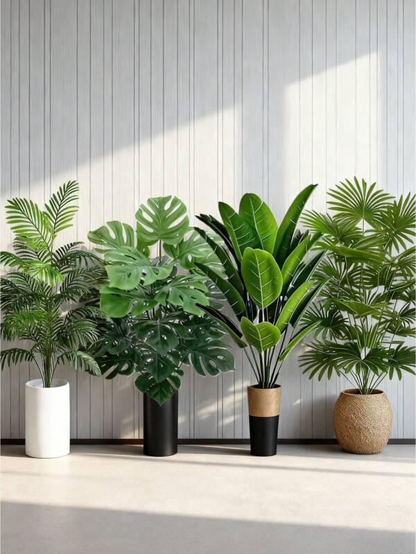 Set de 4 plantas artificiales grandes - Árbol de plátano y palma artificial, plantas falsas para decoración de jardín, plantas artificiales resistentes a los rayos UV con hojas verdes, adecuadas para el hogar, oficina, hotel, jardín, patio, boda y decoración navideña, interior, exterior, decoración de jardín, decoración del hogar (macetas no incluidas)