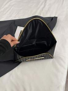 1个PU皮革纯色编织纹理女士日常信封式手拿包，简约优雅，节日礼物 - 黑色 - 查看 9