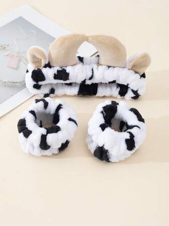 3pcs/Set Cute Cartoon Cow Pattern Makeup Headband, Facial Cleansing, Bathroom Accessories (Pattern Placement Random) Women Bandanas Soft Headwrap Winter Hair Bands Women Scarf