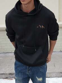 Sudadera con capucha de manga larga con estampado de silueta de montaña, versátil para deportes casuales y viajes, forro térmico para hombre