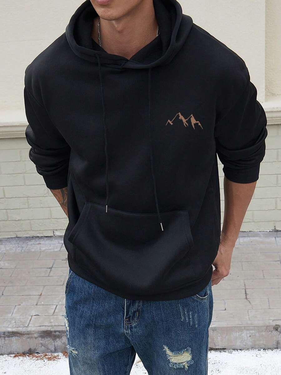 Sudadera con capucha de manga larga con estampado de silueta de montaña, versátil para deportes casuales y viajes, forro térmico para hombre