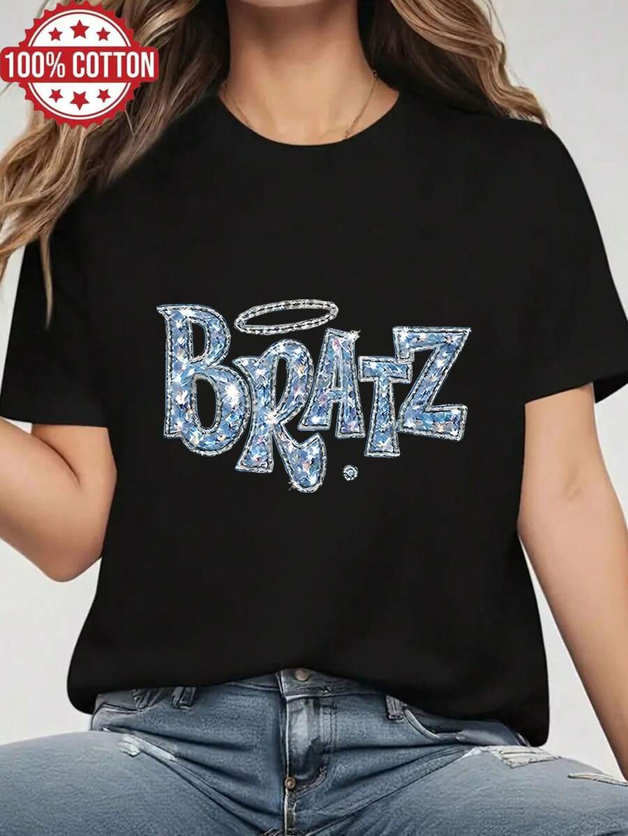 1pc 100% Cotton Diamond Print Women's Short Sleeve TShirt, The Most Perfect Birthday Gift, Holiday Gift, Casual Style, Fashionable And Comfortable Top Gift For Her - Black - View 1