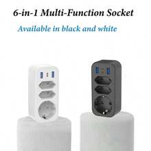 Multiprise 6-en-1 avec 3 prises AC, adaptateur de voyage 4000W/16A avec port de charge rapide USB-C PD 20W, noir blanc - Prise de type F UE (220-240 V) - Voir 3
