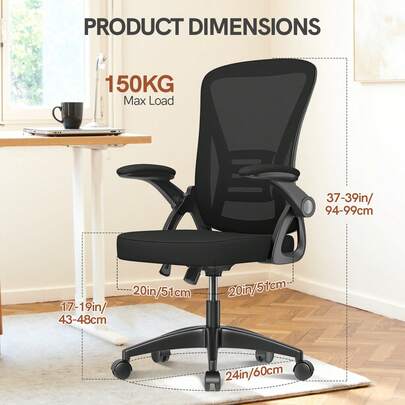 GartistGo Ergonomic Desk Chair With 90° Flip-Up Armrest Lumbar Support, Office Chair With Adjustable Height And Padded Seat Cushion