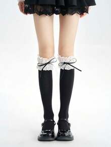 1双轻薄日式蝴蝶结蕾丝过膝袜，四季皆宜，Y2K风格，舒适保暖