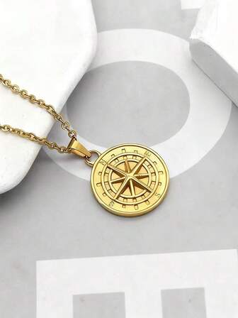 1件时尚百搭的维京北欧风格金属指南针吊坠项链，不锈钢高端材质，男士日常佩戴，圣诞礼物