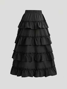 高腰荷叶边半身裙，时尚前短后长A字抽绳半身裙，春夏款，大码女装 - 黑色 - 查看 2