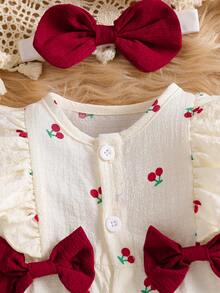 Newborn Baby Girls Cute Cartoon Cherry Woven Round Neck Button Ruffle Contrast Bow Long Sleeve Jumpsuit With Headband