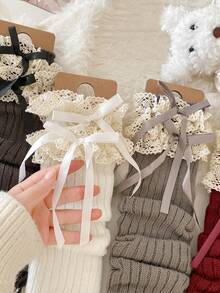 1/2/4/6双装女士彩色蝴蝶结蕾丝边过膝保暖腿套，可爱时尚，适合春、夏、秋、冬四季穿着 - 彩色 - 查看 3