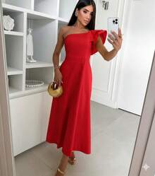 Elegant One-Shoulder Dress With Pocket And Zipper. - 紅色 - 查看 3