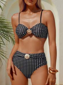 wohenmeili Women's Beach Vacation Polka Dot Print Bikini Set - Black Background With White Dots - View 5