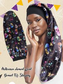 1PC Skull Printed Constellation Women'S Elegant Sleep Cap - Soft Breathable Satin Night Hat With All-Season Comfort For Women, Machine Washable Hair Cover For Women Loc Cap Bonnet Extra Long Braid Shower Cap - Black - View 4