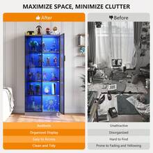 Display Cabinet With Adjustable Shelves, 65" Tall Bookcase With LED Lights/Human Sensor, 5 Tier Display Case For Collectibles Bedroom Living Room Office, Black - Transparent Acrylic Doors - Xem 3
