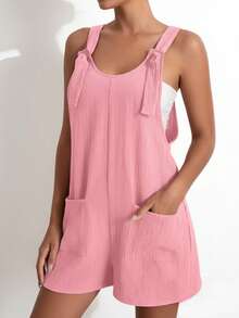 Women's Y2K Summer Solid Color Backless Cami Jumpsuit, Loose Fit With Pockets, Breathable And Comfortable, Simple Casual Style, Streetwear Inspired, Perfect For Daily Wear, School, Commuting, Vacation Travel, Music Festivals, Exercise, Dates, And Valentine's Day Outfits - Màu Hồng baby - Xem 3