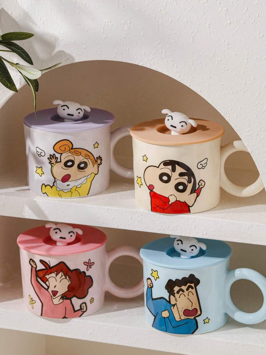 CRAYON SHINCHAN 蜡笔小新陶瓷马克杯带盖，牛奶咖啡杯，早餐杯，可爱设计多功能马克杯，耐用可重复使用水杯，适合盛装冷热饮品，适合作为生日和圣诞节礼物 - 彩色 - 查看 1