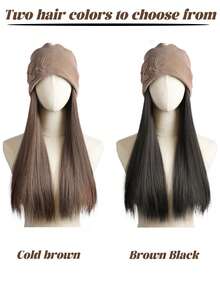 女士假发和帽子一体式设计，16英寸长直发合成假发，保暖柔软，适合秋冬季节佩戴。