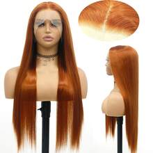 200% 密度 26 英寸 13x4 高清透明姜黄色蕾丝前假发，长直蕾丝前假发，橙色蕾丝前假发，丝质直发橙姜色发片闭合假发，合成耐热纤维假发，13*4 蕾丝假发，适合时尚女性日常佩戴，也适合圣诞派对和角色扮演。 - 薑色 - 查看 2