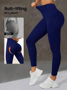 Women's High Waist Tummy Control Yoga Pants With Pockets - Seamless Shapewear Leggings For Workout, Gym, Running And Everyday Wear Spring - Navy Blue - View 5