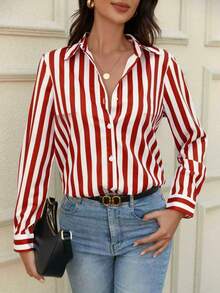 大码女式优雅条纹纽扣前开襟长袖休闲衬衫 - 紅色 - 查看 10