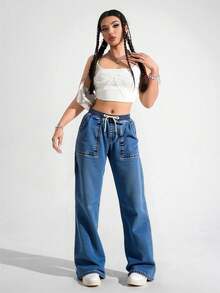 Pantalones vaqueros de piernas anchas para mujeres, pantalones ajustados con cinturón de cuerda, versión relajada de piernas anchas, adecuados para viajes diarios. - Zhonglan - Ver 3