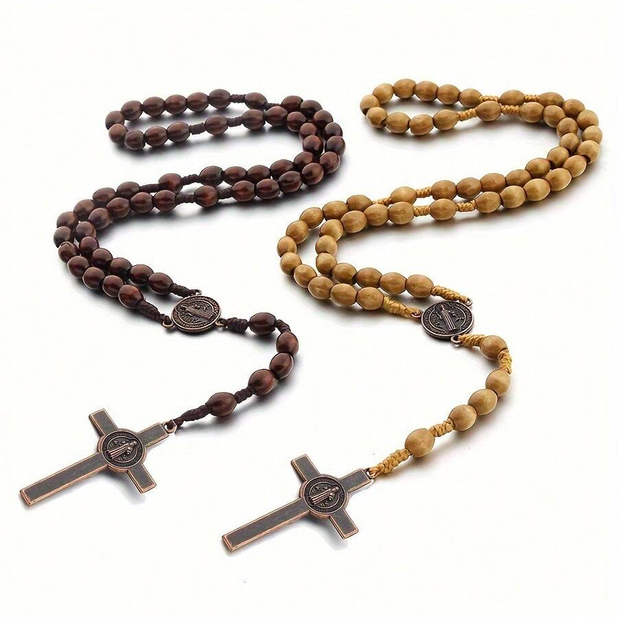 New Style 8mm Olive Wood Rosary Cross Necklace, Long Length, Natural Wooden Beads, Hand-Woven Beaded Bracelet/Necklace - 咖色 - 查看 1