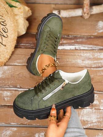 女士厚底休闲运动鞋，户外系带绿色金属鞋眼休闲鞋，舒适经典侧拉链圆头套脚徒步鞋，多功能学生鞋