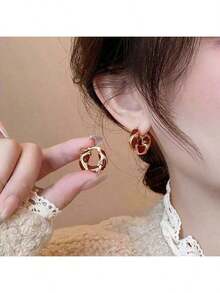 1 Pair Luxury Retro Enamel Drop Hoop Earrings, Suitable For Women To Wear Daily, Festivals, And Formal Occasions,Fashion Jewelry And Accessories - 紅色 - 查看 6