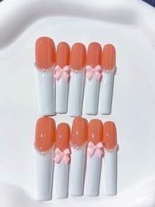 10pcs Y2K Cute Extra Long Coffin Shape Simple Nude & White French Handmade Press On Nails, With Pearl Embellishment, White Bow Decoration; Nail Supplies, Acrylic Nails, Homemade Nails, DIY, Nail Art, Acrylic False Nails; Suitable For Vacation, Birthday, Party, Daily Wear; Includes 1pc Jelly Glue & 1pc Mini File - White - View 1