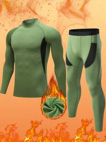 Bộ đồ giữ nhiệt cổ cao bằng vải nỉ dành cho nam - Màu xanh lá cây và đen với đường chỉ khâu tương phản, sọc thể thao | Giữ ấm tuyệt vời cho hoạt động trượt tuyết ngoài trời, co giãn mềm mại thoải mái trong nhà | Lớp lót giữ ấm nhanh khô | Sản phẩm thiết yếu/Quà tặng mùa thu đông, giữ ấm hiệu quả. - màu xanh lá - Xem 1