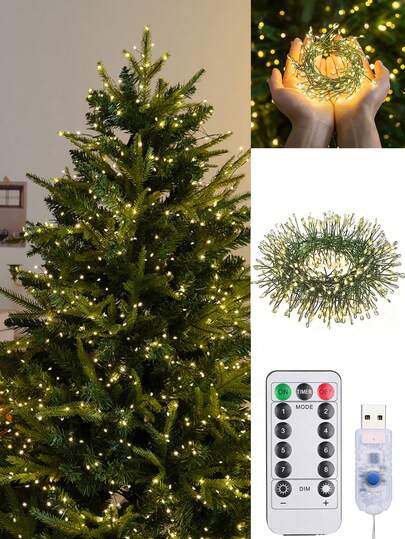 1 pieza Luz de petardo LED, Luces de hadas de alambre de cobre verde, Lámpara decorativa con control remoto USB, Iluminación decorativa LED clásica de 8 modos, Alimentada por USB (Enchufar y Reproducir), Adecuada para decoración de ambiente de Navidad, Halloween, Acción de Gracias