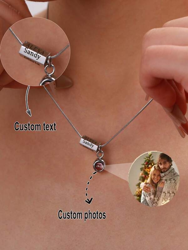Customized Photo Necklace, Stainless Steel Chain, Engraved 1-6 Family Surname Pendant, Personalized Projection Necklace, Memorial Gift, Pet Memorial Jewelry With Embedded Photo, Fashionable & Minimalist Women's Jewelry, Ideal Gift For Girlfriend, Friends, Birthday, Anniversary, Party, Graduation, Wedding, Valentine's Day, Mother's Day, New Year, Christmas
