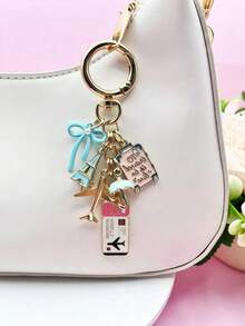 三色旅行主题钥匙扣 - 可爱包包挂饰，时尚钥匙圈配件，包含飞机、行李箱和机票吊坠，耐用珐琅钥匙链，可用于装饰钱包、背包、钥匙和行李牌 - 彩色 - 查看 2