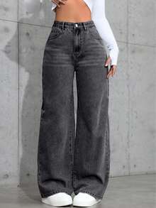 Jeans rectos de lavado claro de moda para adolescentes - Gris Oscuro - Ver 1