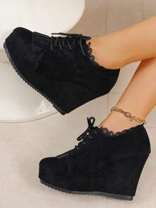 Giày cao gót đế xuồng buộc dây thời trang, đế dày mới, đơn giản, dành cho mùa xuân/thu, ngoài trời, cỡ lớn dành cho nữ - màu đen - Xem 4