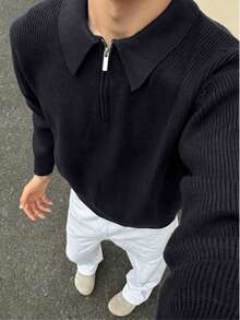 Baiyue 男士復古休閒極簡翻領百搭半拉鍊針織毛衣 秋冬上衣 - 藏蓝色 - 查看 1