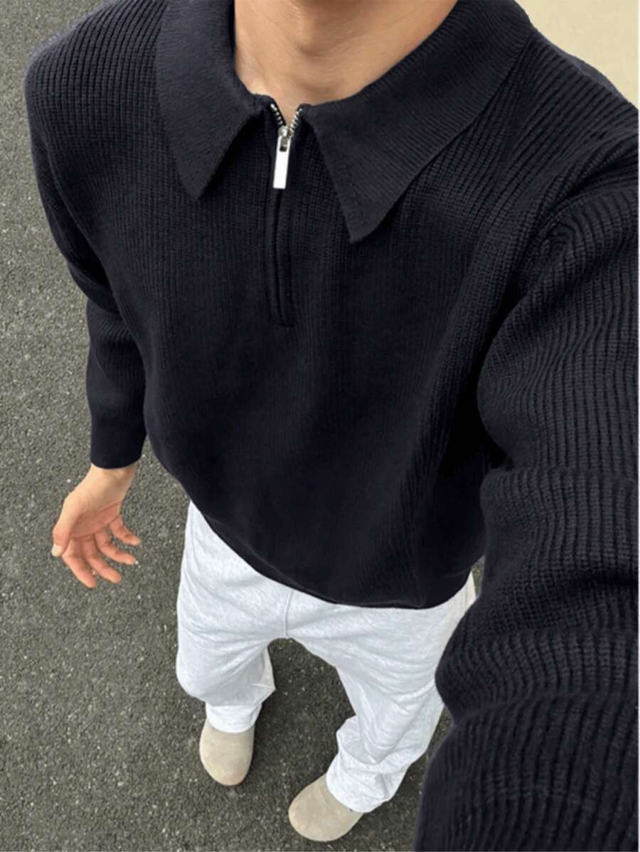 Baiyue 男士復古休閒極簡翻領百搭半拉鍊針織毛衣 秋冬上衣 - 藏蓝色 - 查看 1
