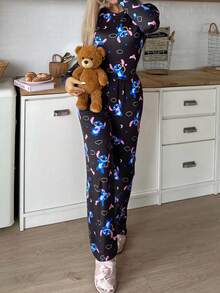 2pcs Stitch Print Women's Long T-Shirt And Pants Set, Cute Heart Stitch All-Over Print, Stretchy & Skin-Friendly, Casual Loungewear Suitable For Spring & Autumn - Black - View 5