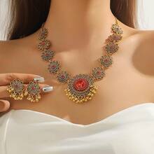 Bollywood Jewelry Sets Women Wedding Party Jewelry Flower Tassel Beaded Dangle Earring Oxidized Choker Necklace Gold-Tone Plated Zirconia Jhumkas Chandelier Earrings Boho Jewelry - 紅色 - 查看 2