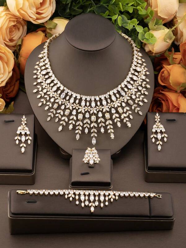 1 Set de joyería floral de lujo y elegante con circonita cúbica, incluye 1 par de aretes, 1 collar, 1 pulsera, 1 anillo, adecuado para mujeres en bodas y fiestas, sin caja de regalo