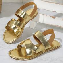 Women's Solid Color Flat Sandals, Casual Elastic Band Summer Shoes, Slip-On Beach Shoes