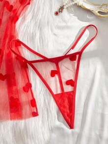 2pcs Women's Sexy Floral Mesh Robe Set, Front Tie Bow Decor Lingerie Set - Red - View 7