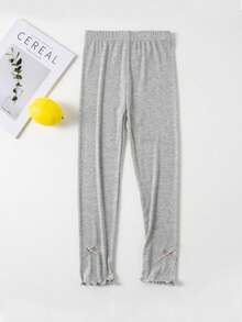 Girls Ribbed Vertical Striped Leggings, Thin Fashionable Versatile Skinny Pants, Anti-Mosquito Trousers For Spring & Autumn, Girls Bottoms With Bow & Frill Trim - Light Grey - View 3