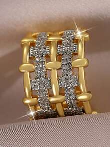 1pc Luxury Dual-Tone Hollow Knitted Couple Wedding Ring, Fashion Geometric Cubic Zirconia Copper Ring, Women's Birthday, Date, Engagement, Christmas Gift - Yellow Gold - View 6