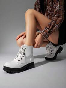 Women's Classic Combat Ankle Boots - 2 Platform, 5 Shaft, Non-Slip Rubber TPR Sole, Side Zipper & Lace-Up, All-Season Outdoor Hiking Booties For Walking, Camping & Rugged Terrain - 白色 - 查看 4