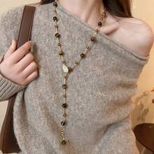 Retro Caramel Tiger's Eye Beaded Long Sweater Chain, Luxury High-End Elegant High-Grade Autumn And Winter Accessory Necklace For Women - 咖色 - 查看 1