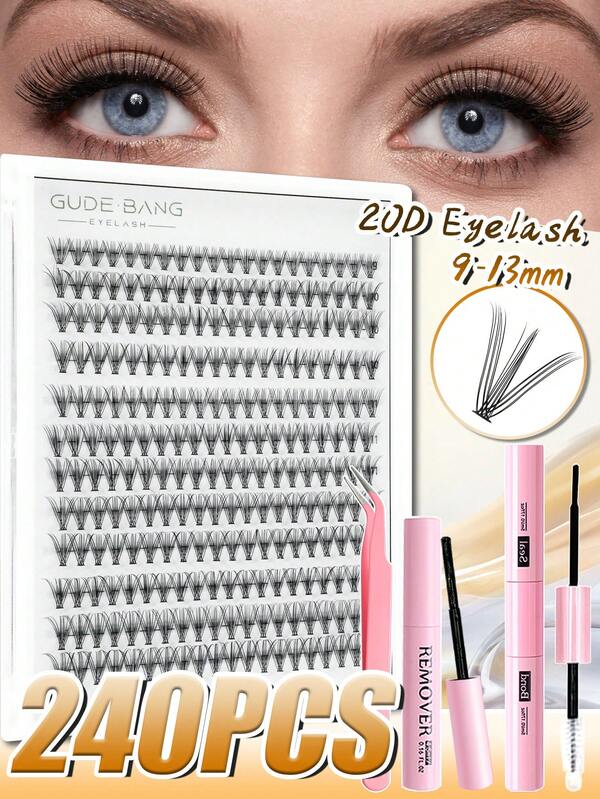 220 pièces Kit d'extension de cils C-Curl dramatique 8-16 mm, mélange de cils individuels doux pour créer un look naturel et volumineux. Comprend des cils en grappe, un support rose, de la colle DIY et des pinces à épiler. Idéal pour un look papillon Y2K à la maison.