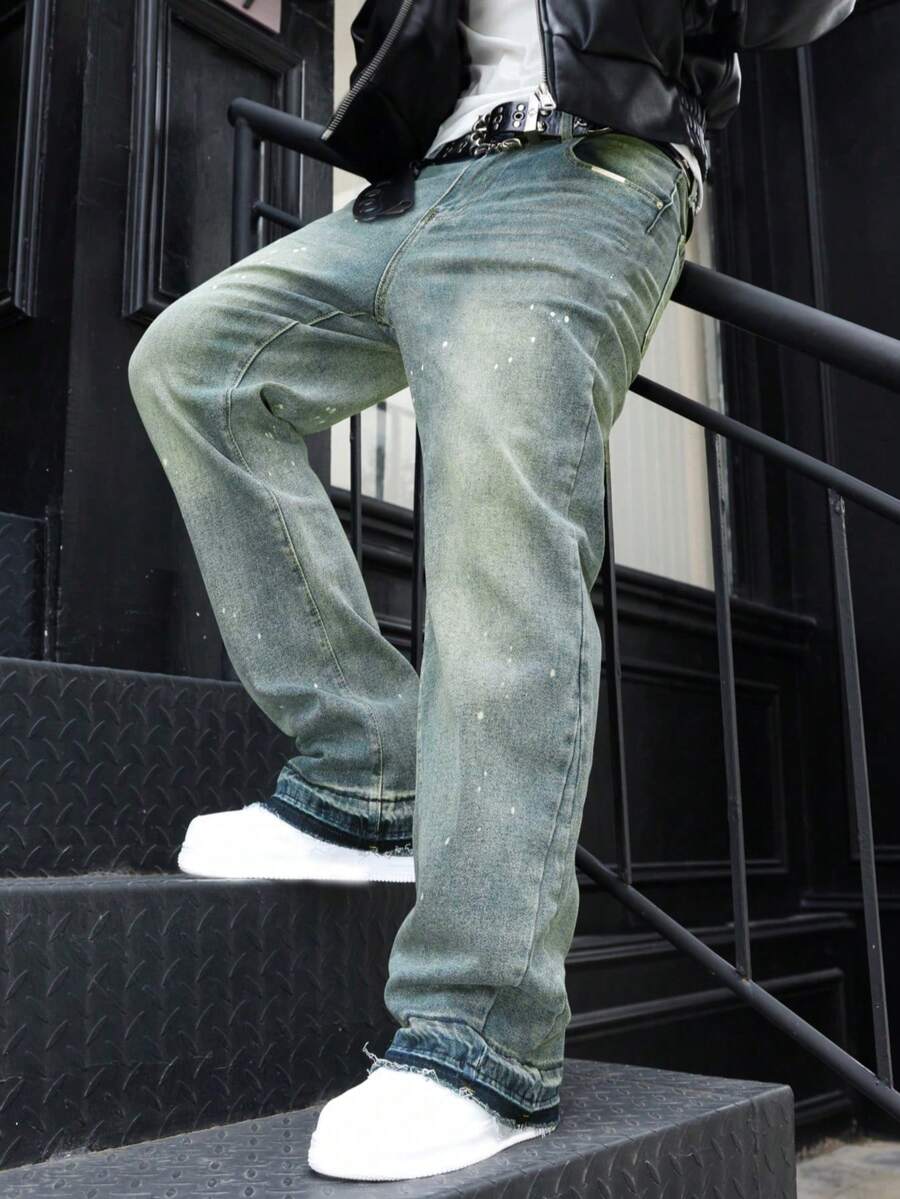 修身弹力牛仔裤，做旧水洗棉质牛仔裤，百搭时尚；斜插口袋水洗牛仔裤，轻便商务休闲款，百搭；直筒休闲牛仔裤，纽扣拉链设计，适合所有季节 - 綠色 - 查看 1