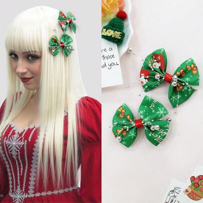 Designed To Capture The Essence Of Christmas Cheer And Cuteness, These Christmas Hair Clips Feature Vibrant Green Bows Adorned With Santa And Snowflake Designs, Making Them An Ideal Choice For Those Looking To Create A Joyful And Festive Appearance At Christmas Events, Holiday Photoshoots, Or Casual Festive Outings.